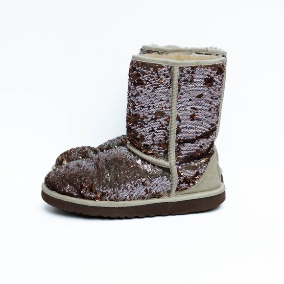 UGG Classic Short Copper/Silver Sparkle Boots Womens 7 Genuine Sheepskin Lining - Picture 4 of 14